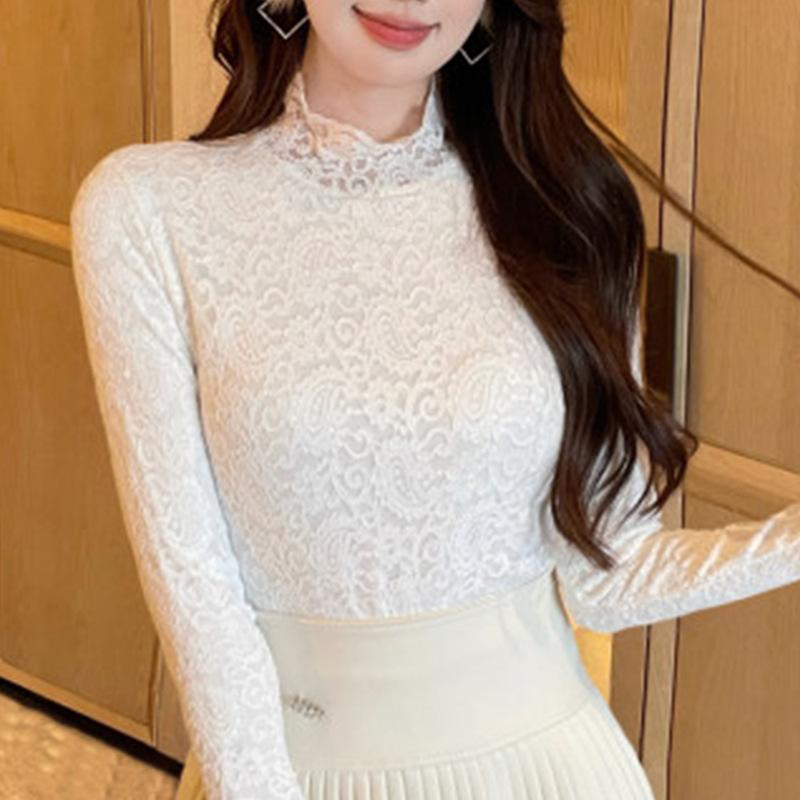 White Velvet Lace Base Shirt for Women In Autumn and Winter Flap Sleeves Fashionable Top Half Turtleneck Temperament Shirt
