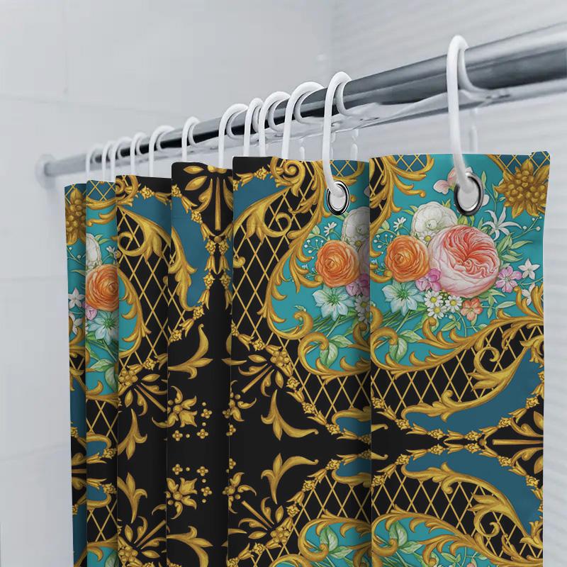 Vintage Baroque Floral Printed Shower Curtain for Bathroom Decor Black Background with Gold Trim.