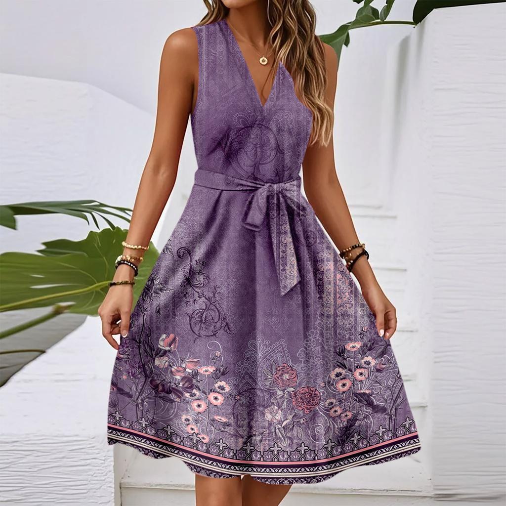 Damen Frühling Und Sommer Lässiges V-Ausschnitt Ärmellos Tailliertes Vintage Bedrucktes Midi-Kleid