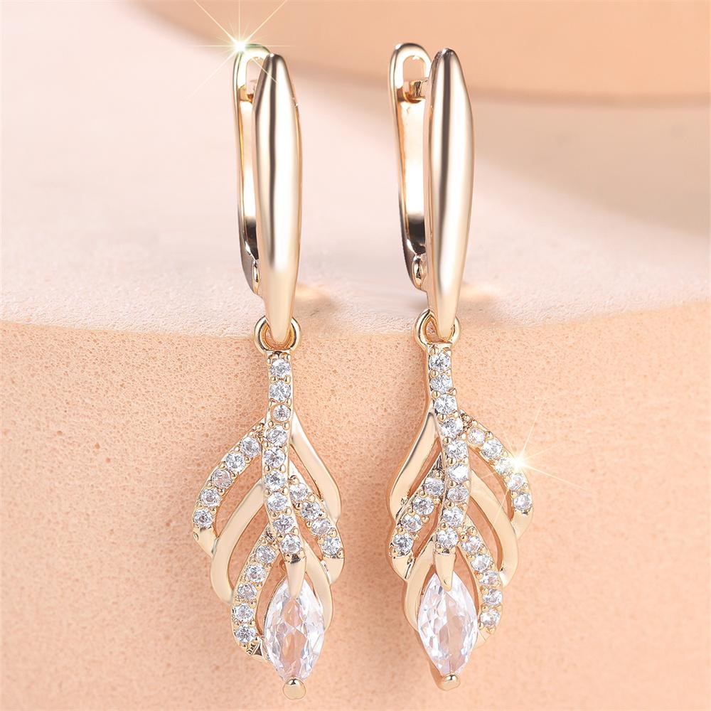 Water Drop Tassel White Zircon Leaf Pendant Hoop Earrings For Women Gold Color Ear Buckle Wedding Jewelry Engagement Party Gifts