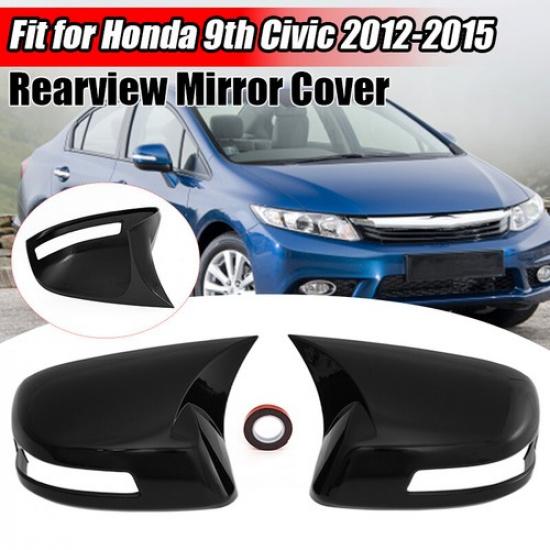 Gloss Black Ox Horn Rear View Mirror Cover Trim 2pcs For Honda Civic 2012-2015