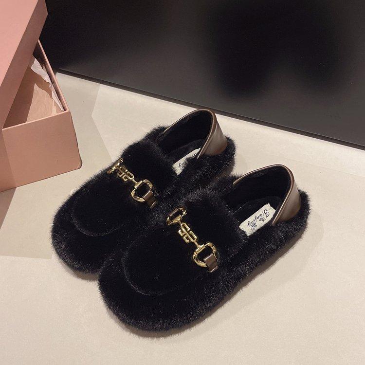 Light Luxury Style Fluffy Shoes Women's 2025 New Autumn and Winter Velvet Warm Platform Shoes One Pedal Women's Shoes Loafers Cotton Shoes