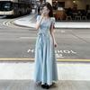 New French Gentle Wind Blue Short Sleeve Dress Children's Summer High Sense Great Look Pinch Waist Long Dress
