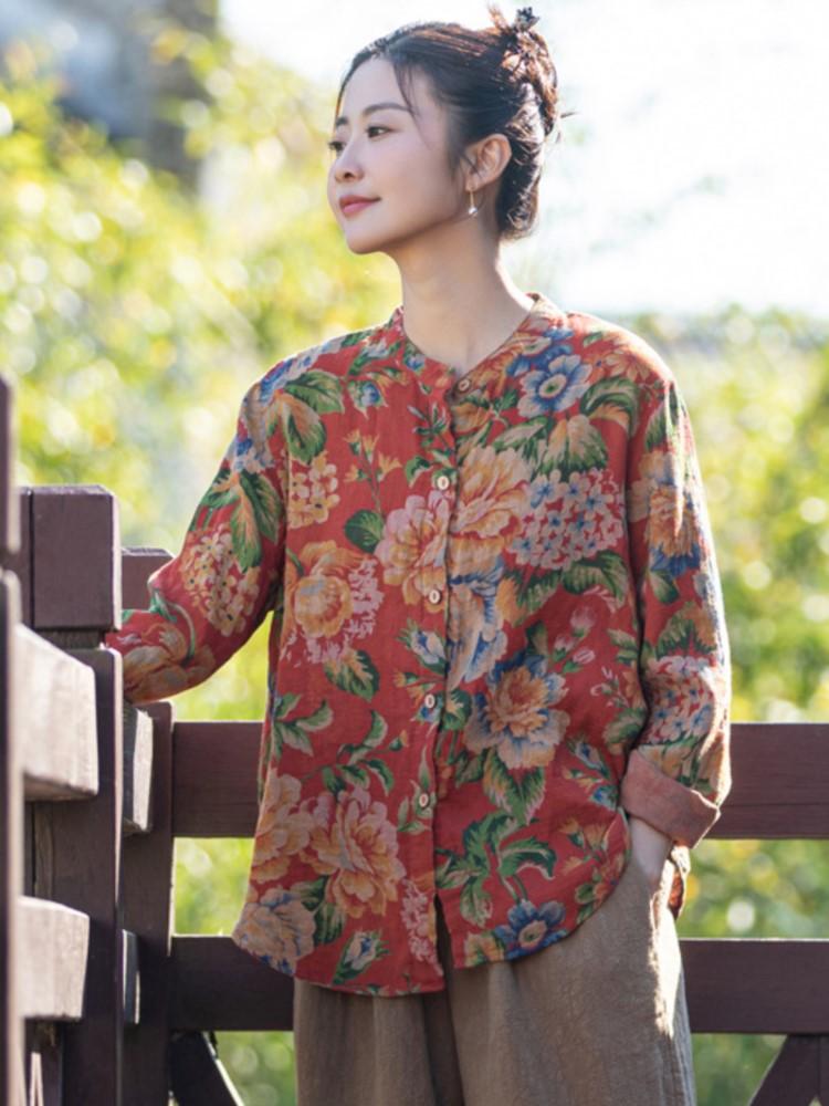 Johnature Damen Vintage Print Frühling Hemden Stehkragen Langarm Baumwolle Oberteile Chinesischer Stil Weiche Damen Knöpfe Hemden