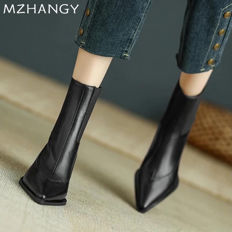 Women Leather Ankle Boots Pointed Toe Mid Heels Shoes Woman 2025 Trend Fashion Winter Elegant Dress Chelsea Boots Mujer Botas