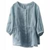 Johnature Women Embroidery Floral Shirts O-Neck Half Sleeve Tops Summer Solid Color Women Button Blouses