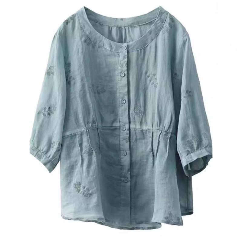 Johnature Women Embroidery Floral Shirts O-Neck Half Sleeve Tops Summer Solid Color Women Button Blouses