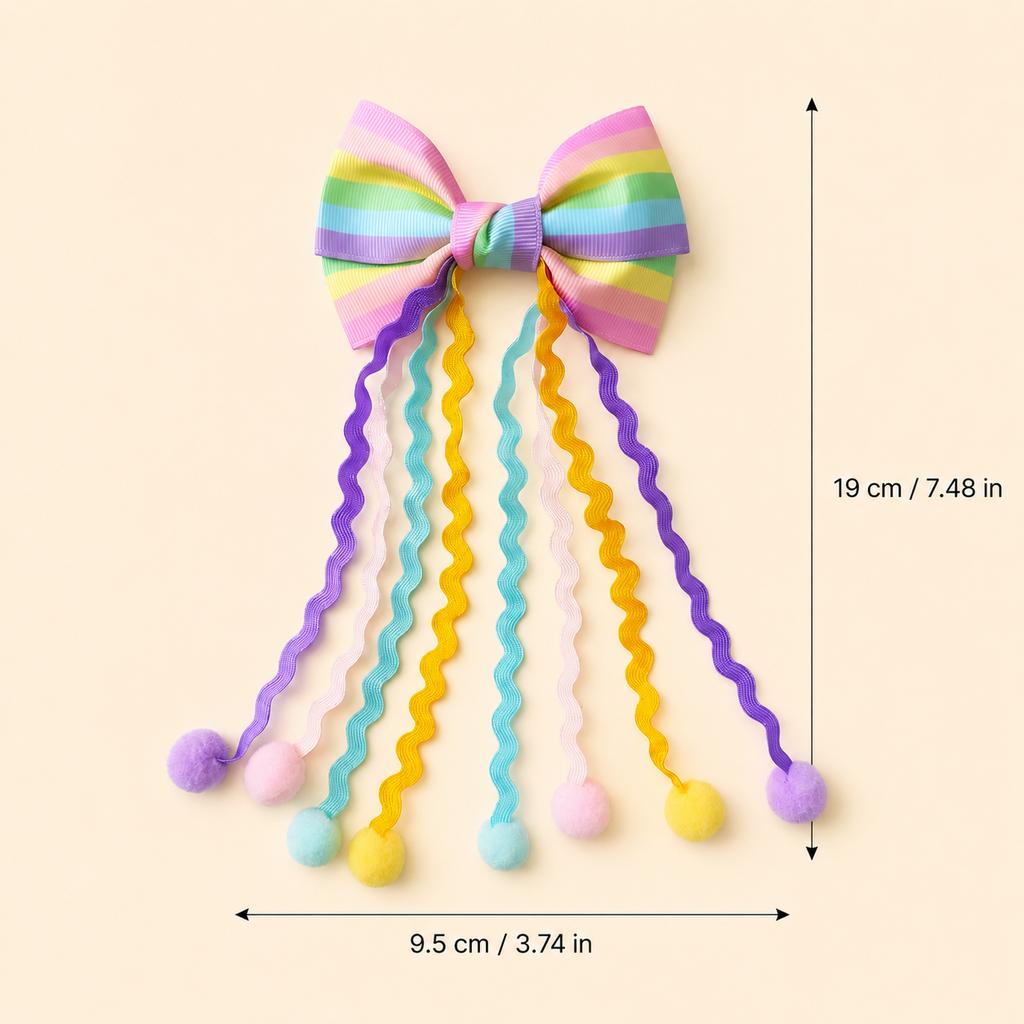 Rainbow Bow Hair Clip with Long Wavy Streamers Pom Pom Colorful Kawaii Hair Accessories for Girls Kidcore Headwear