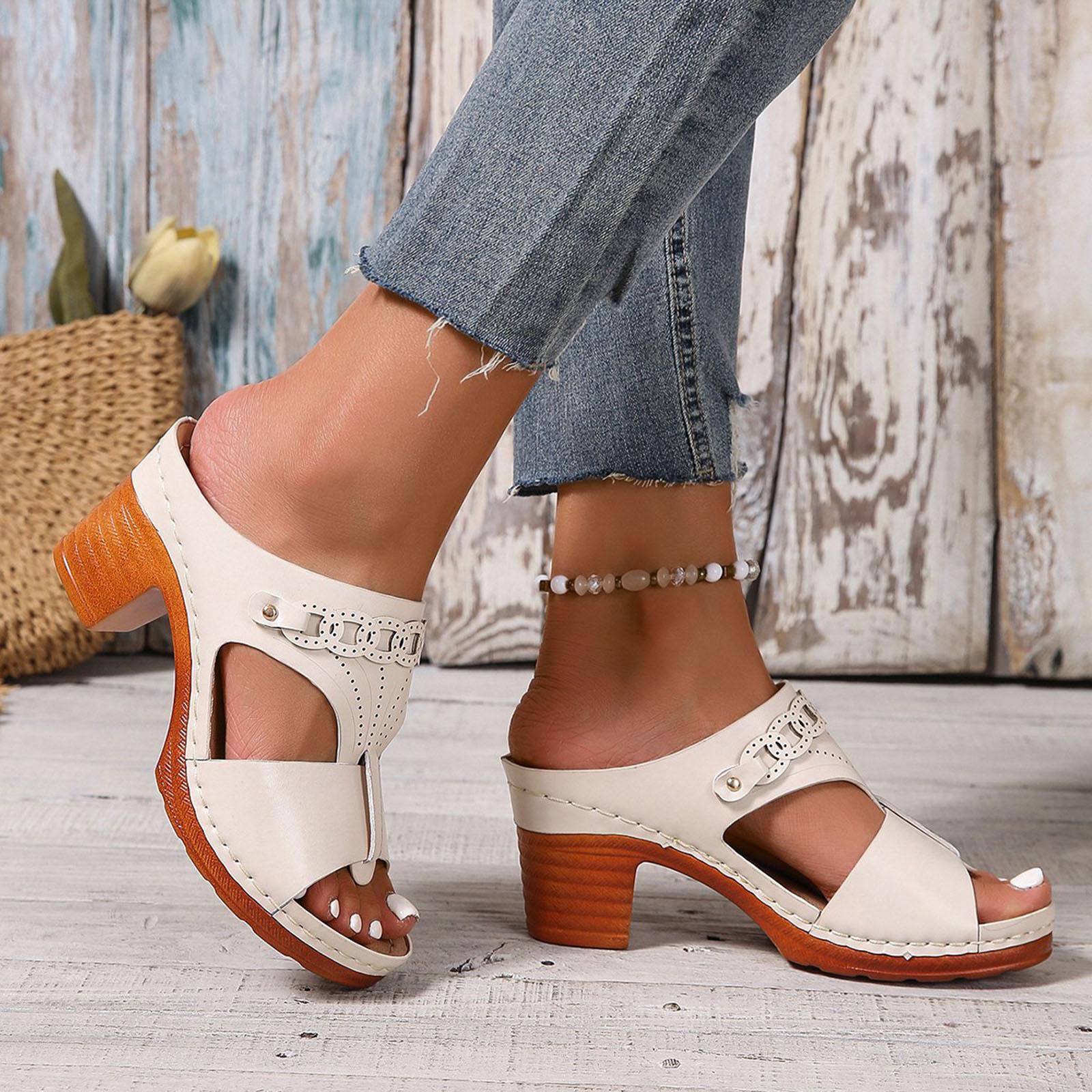 

S For Women Sandals Thick Heel Fish Mouth Thick Bottom Women S Slippers Fashion Casual Open Heel Hollow Sandals Zapatos De Mujer 37 бежевий