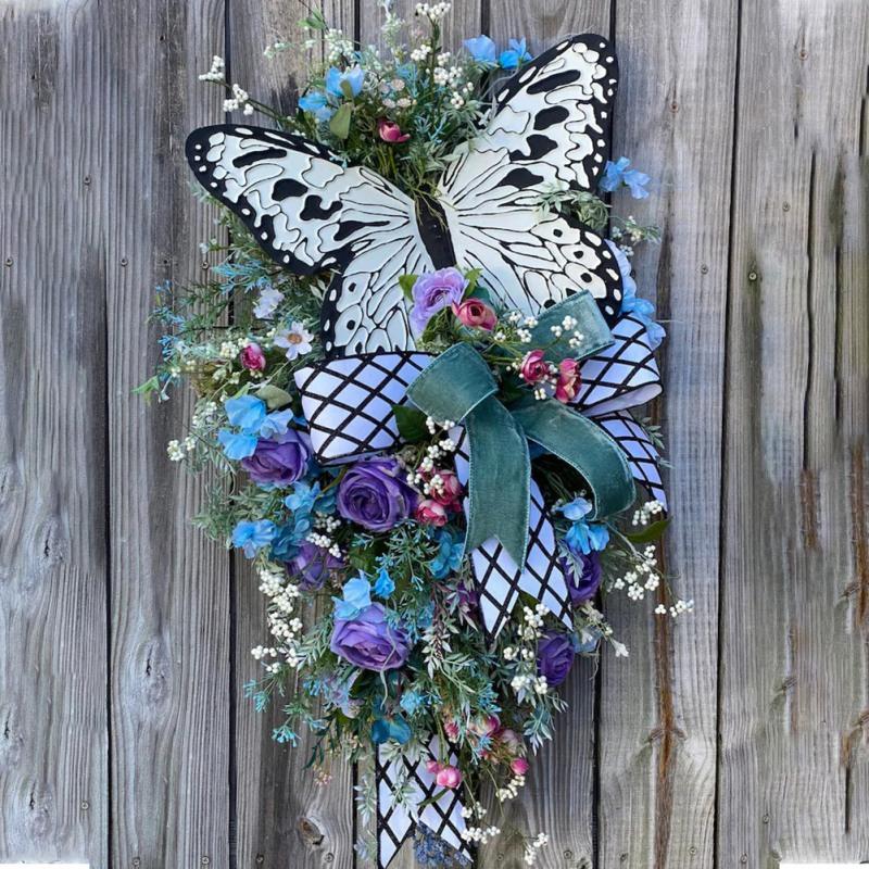 Artificial Spring Wreath Decorative Floral with Fake Butterflies