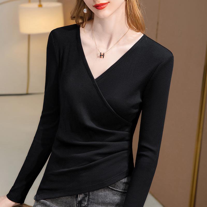 

Модал Черная базовая рубашка для женщин на весну и осень, новая футболка с длинными рукавами и V-образным вырезом, нестандартный облегающий топ 3XL