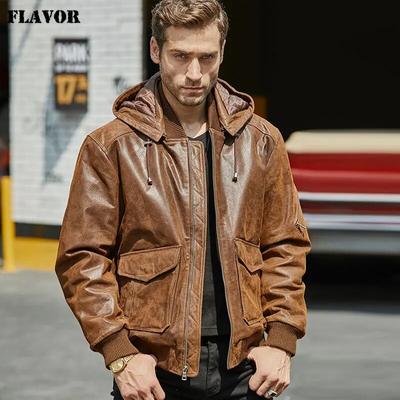 Neue Herren-Lederjacke, braune Jacke aus echtem Leder mit abnehmbarer Kapuze, warme Lederjacke für Herren