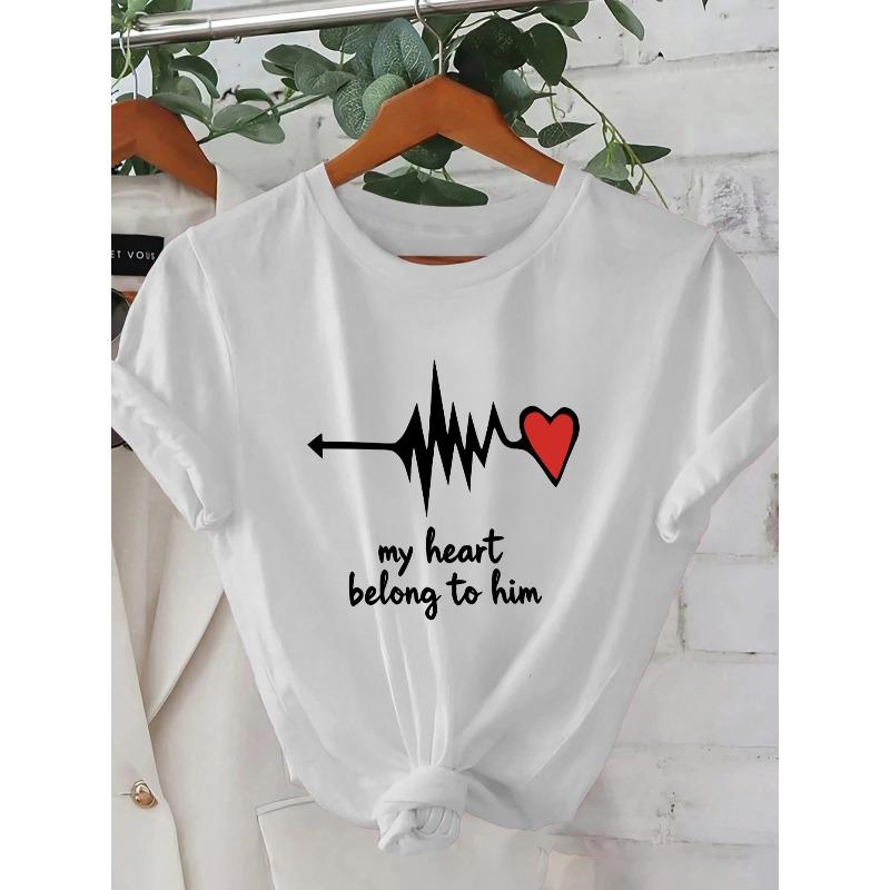 Women s 2D Geometric Sound Wave & Heart Print Crew Neck Short Sleeve Casual Street Style Tee S белый
