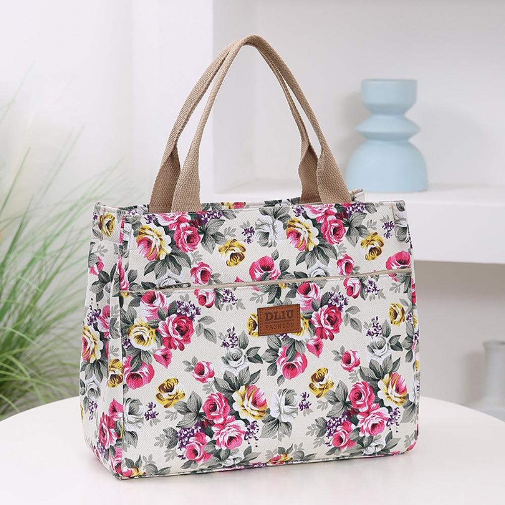 Zipper Floral Print Tote Bag Portable Mommy Bag Portable Canvas Lunch Bag  For Mom