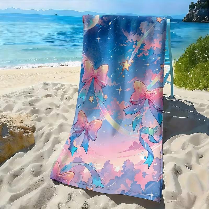 Magical Galaxy Bow Print Beach Towel Dreamy Starry Sky Towel Soft Absorbent Quick Dry Beach Blanket for Summer Beach