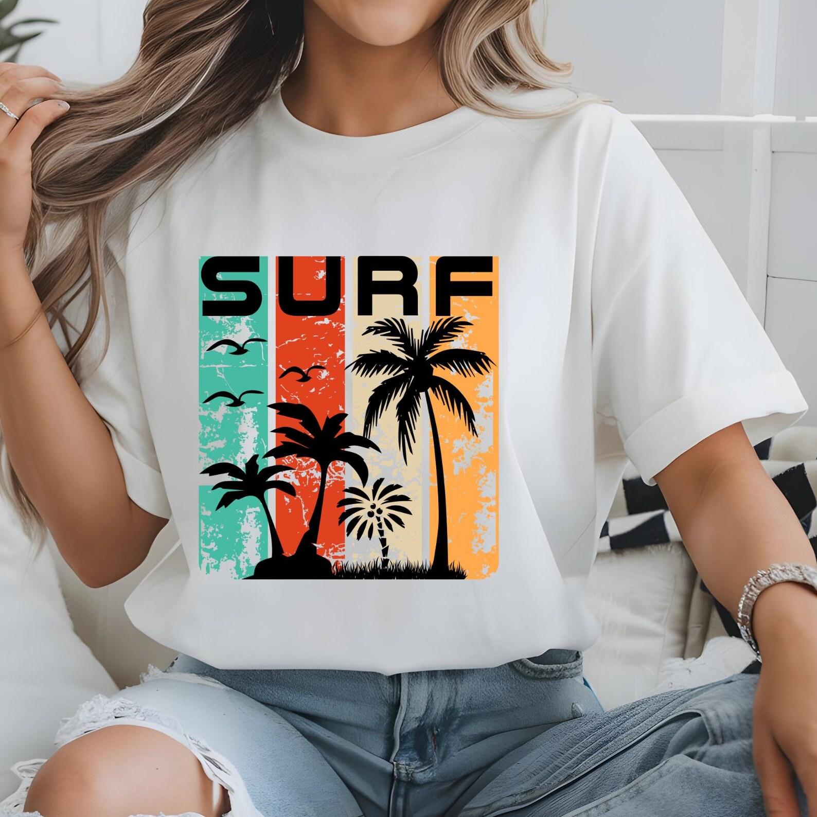 Surf Palm Tree Graphic Tee, Tropical Vacation Shirt, Custom Beach Tee 4XL
