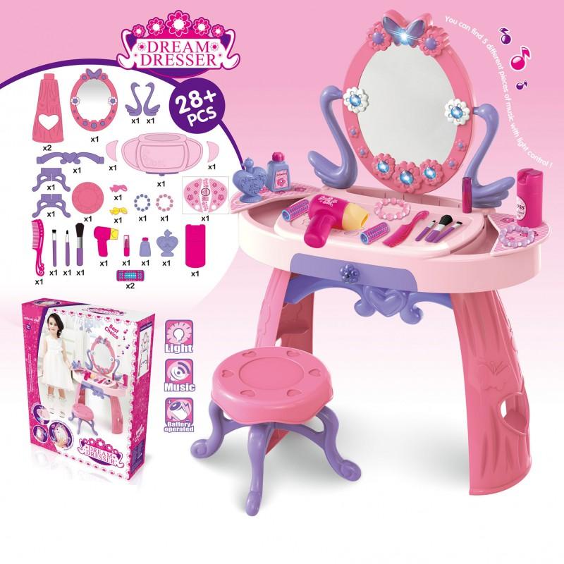 Kids Dress-Up Playset With Makeup Toy Set Pretend Beauty Station Girls Ages 4-6 Plastic Stool Option