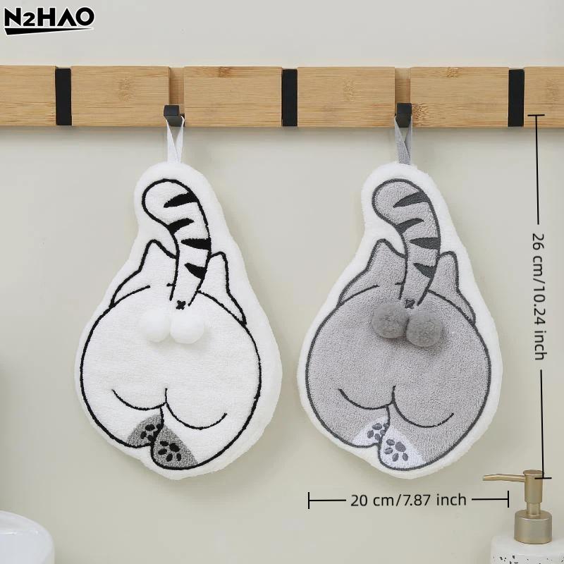 Cute Cat Back Hanging Towel Kitchen Hand Towel Bathroom Soft Absorbent Handkerchief Wipe Towel Coral Design Cartoon Kids Towels