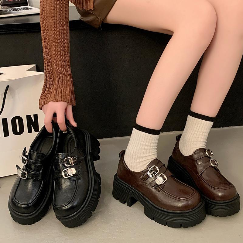 Small Leather Shoes Women's New British Platform Thick Heel Heightening Single Shoes Spring