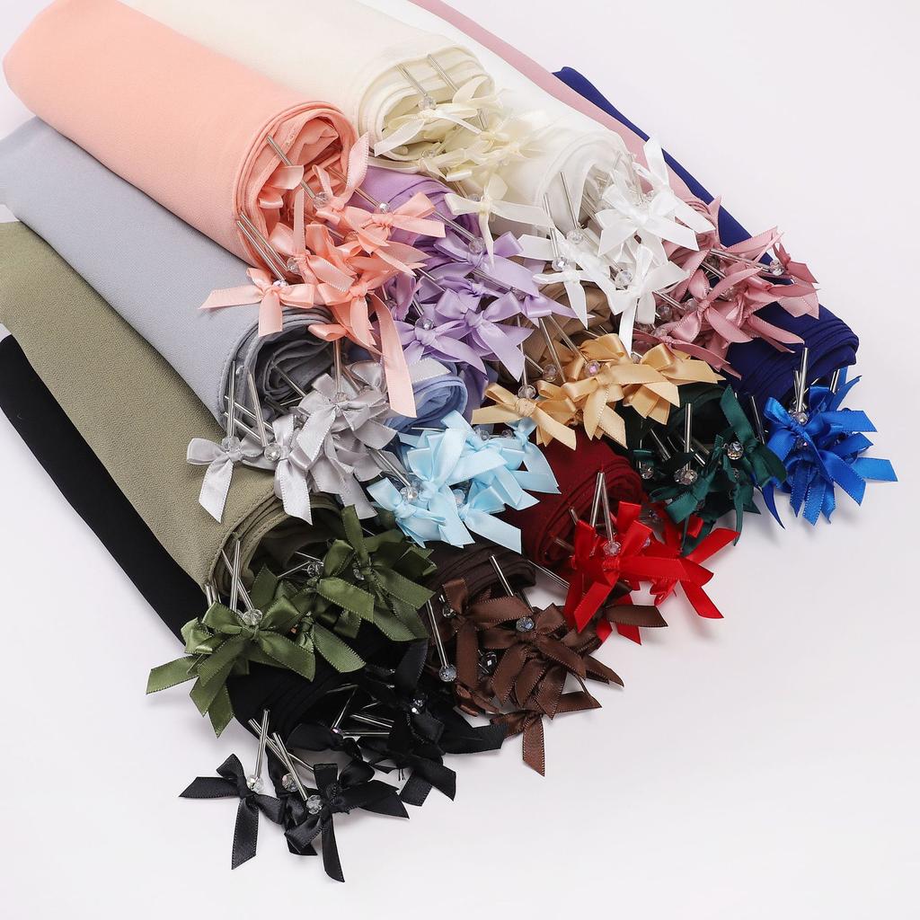 New Chiffon Hijab Veil Scarf Hand-Sewn Glass Tube Bow Long Scarf Gauze Horse Muslim Women Hijab Islam Turban Headscarves Ladies