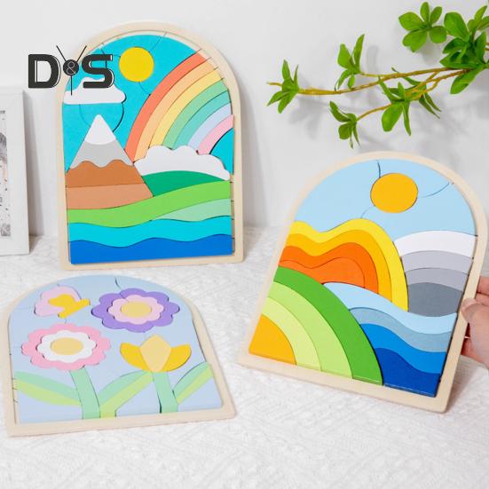 1 szt./3 szt. Zestaw puzzli z drewnianymi kształtami Motyw kwiatów, chmur, wschodu słońca Dopasowywanie kolorów Klocki poznawcze Rozwijanie umiejętności motorycznych Zabawka edukacyjna dla dzieci 3+ lat