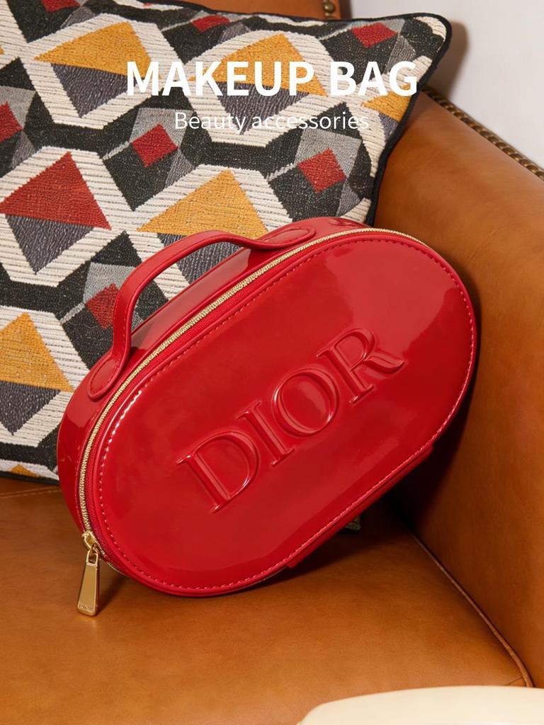 Dior Red Glossy Cosmetic Bag with Handle, Portable Travel Makeup Organizer