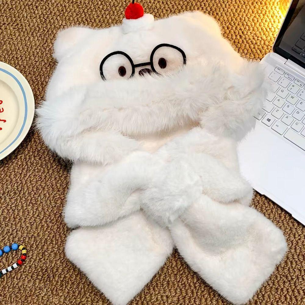 Soft Plush Beanie Hat Scarf Windproof Ear Protection Cap Cute Bear Neck Warmer Hat  Women