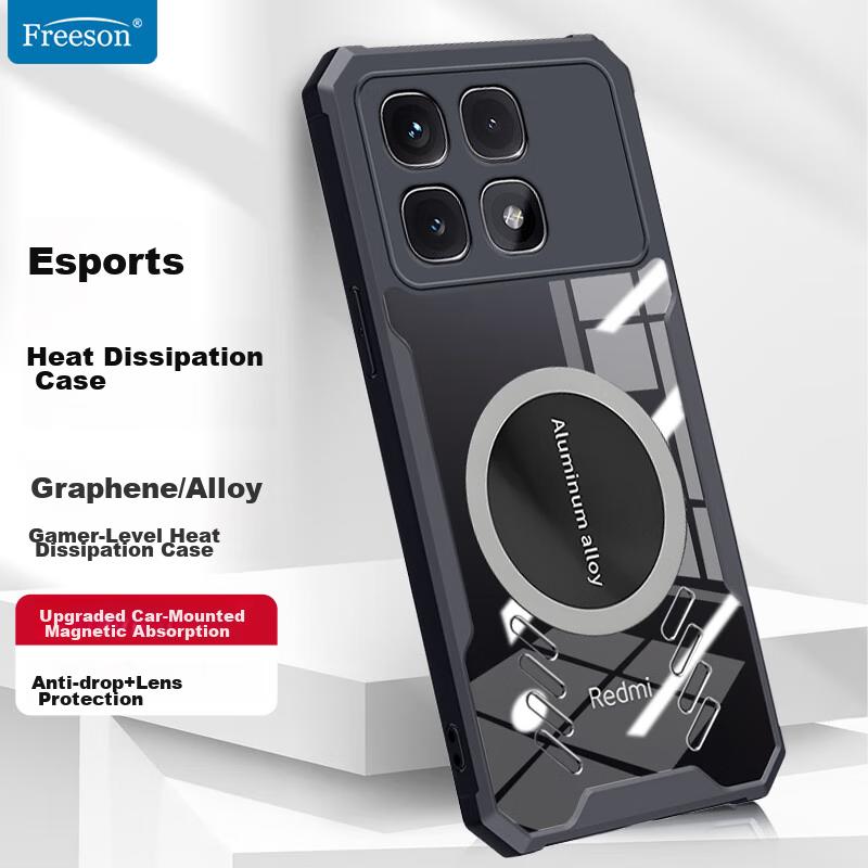 Heat Dissipation Phone Case for Xiaomi Redmi K70 Pro, Full Lens Protection, Shockproof, Corners, Transparent, Metal Magnetic Cooling Fans, Black