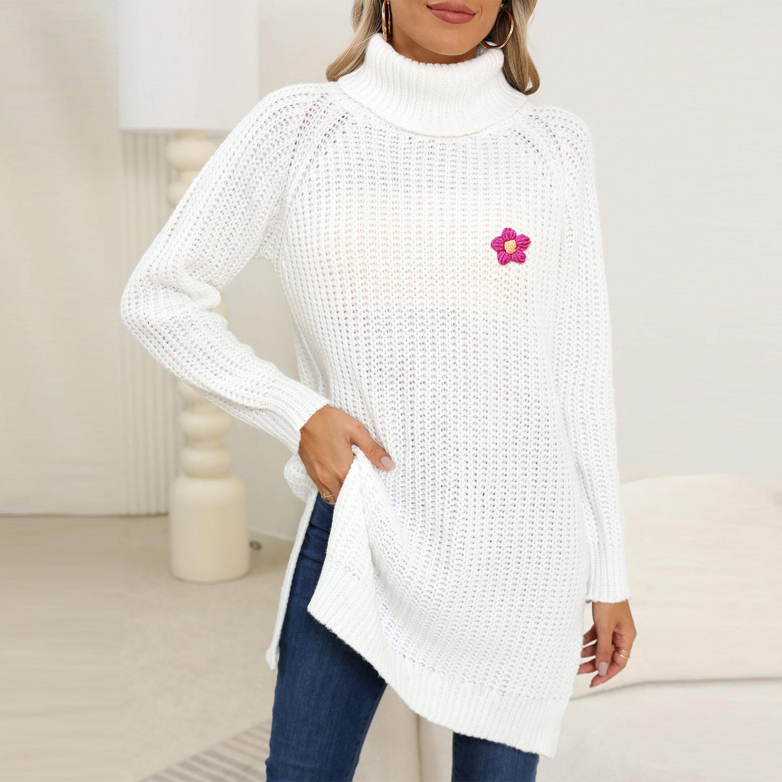 

Женский утолщенный свитер, связанный вручную крючком, водолазка, разрез, платье-свитер S белый