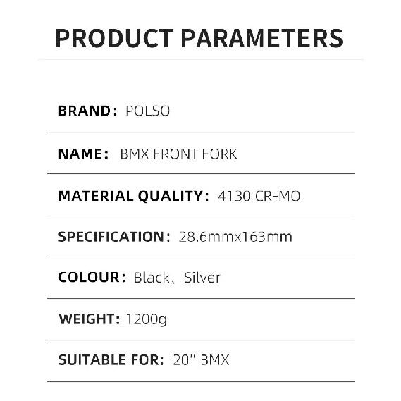20"BMX Bike Front Fork CR-MO 28.6*163mm Performance Bicycle Black Chrome Front Forks