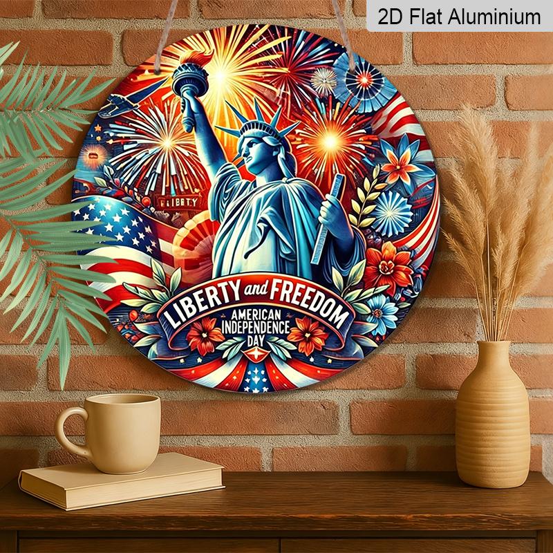 2D Flat, 1pc Vintage Patriotic Independence Day Aluminum Wall Decor - Statue of Liberty with Fireworks, American Flag Colors - Heavy-Duty Rustproof