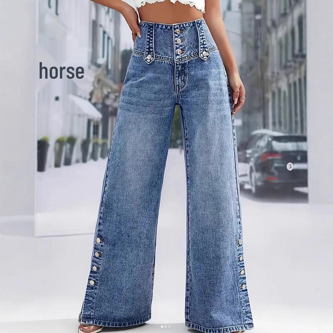 

2026 Spring/Summer High-Waisted Retro Wide-Leg Denim Jeans with Multi-Buttons for Women Double Extra Large синий