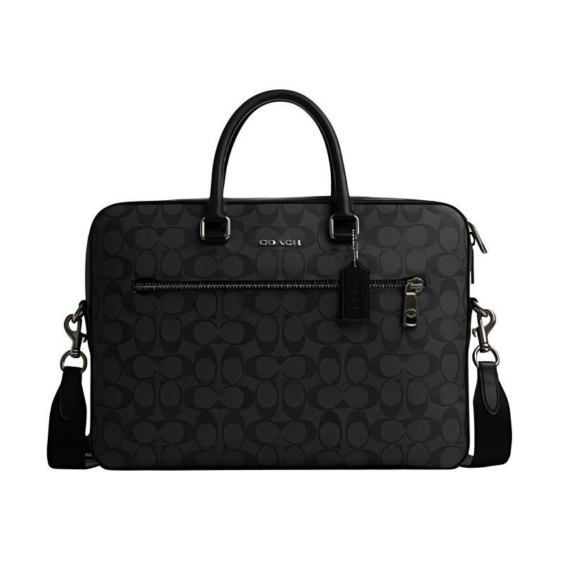 Coach ETHAN 38 Classic Logo Zipper Closure, Artificial Leather, Portable Shoulder Crossbody Briefcase, Large Size, Men's Black