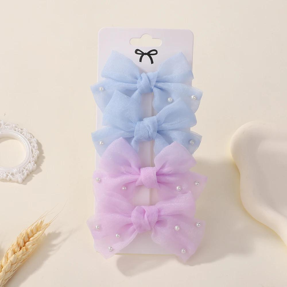 4Pcs/Set Sweet Pearl Bows Hair Clips for Girls Cute Side Clip Solid Color Hairpin Handmade with Bow Hair Accessories Headdress