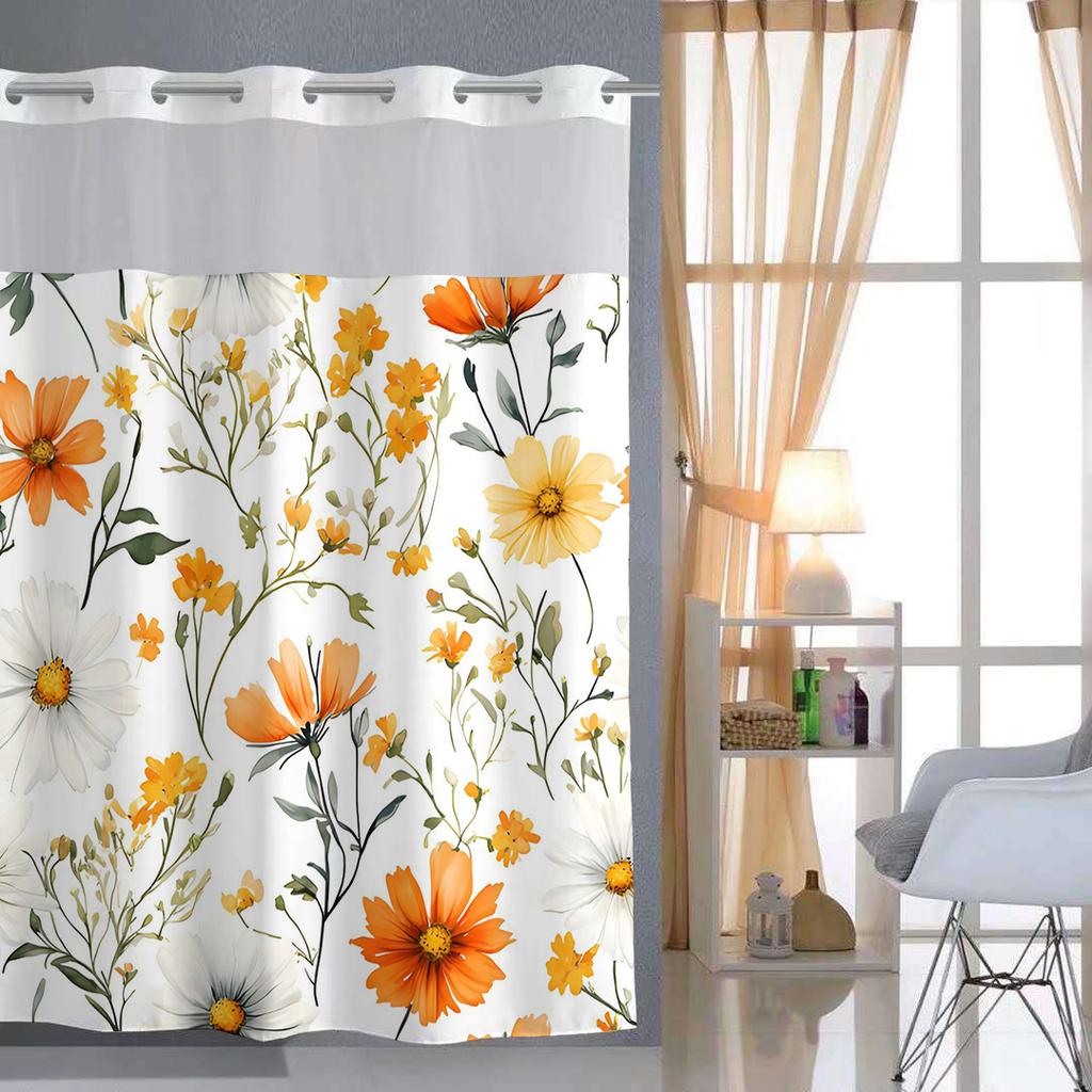 No Hook Yellow Floral Shower Curtain With Snap-in Fabric Liner, Sheer Top Window, Waterproof Double Layer Bathtub Curtain