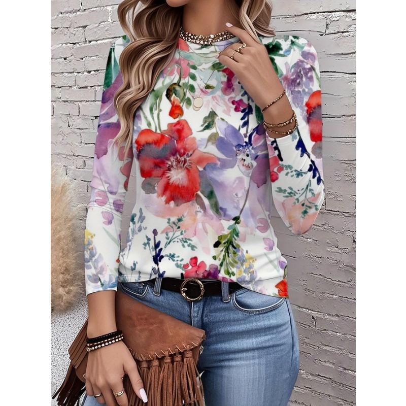 2026 New Women's Fashionable Long-Sleeved T-Shirt with Fresh Floral Pattern, Perfect for Everyday Wear and Stylish Outfits