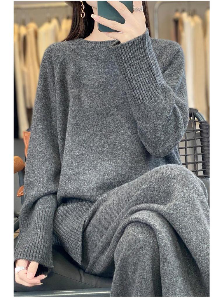 Autumn/Winter Cashmere Knitwear: Thick Long Sweater & Loose Wide-Leg Pants Two-Piece Set