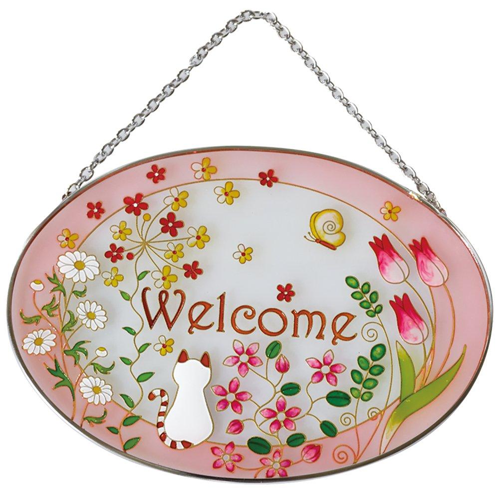 Four Cart Cute Handmade Glass Suncatcher, Field Cat, Welcome Oval