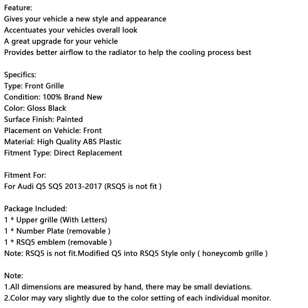 Gloss Black Front Honeycomb Bumper Grill Grille Fit Q5 2013-2017