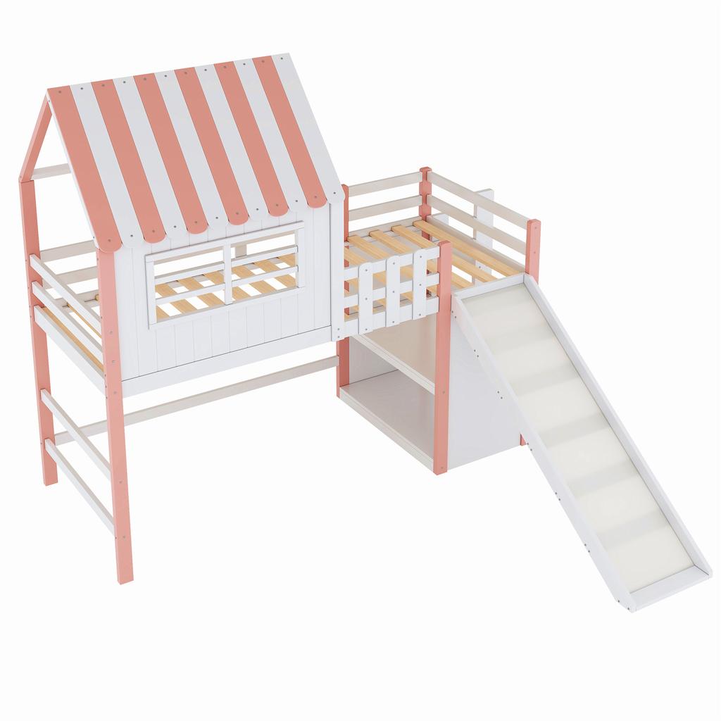 Children's Bed 90 X 200 Cm Attic Design Safety Ladder Safety Slide, Multi-Level Storage Compartments Multifunctional Solid Wood Single Loft Bed Pink