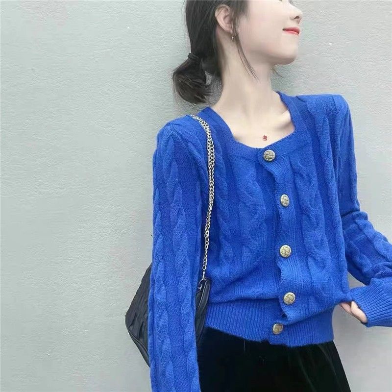 Short Sweater Cardigan Female Spring New Vintage Style Square Neck Single Breasted Knitted Cardigan Sweater Coat