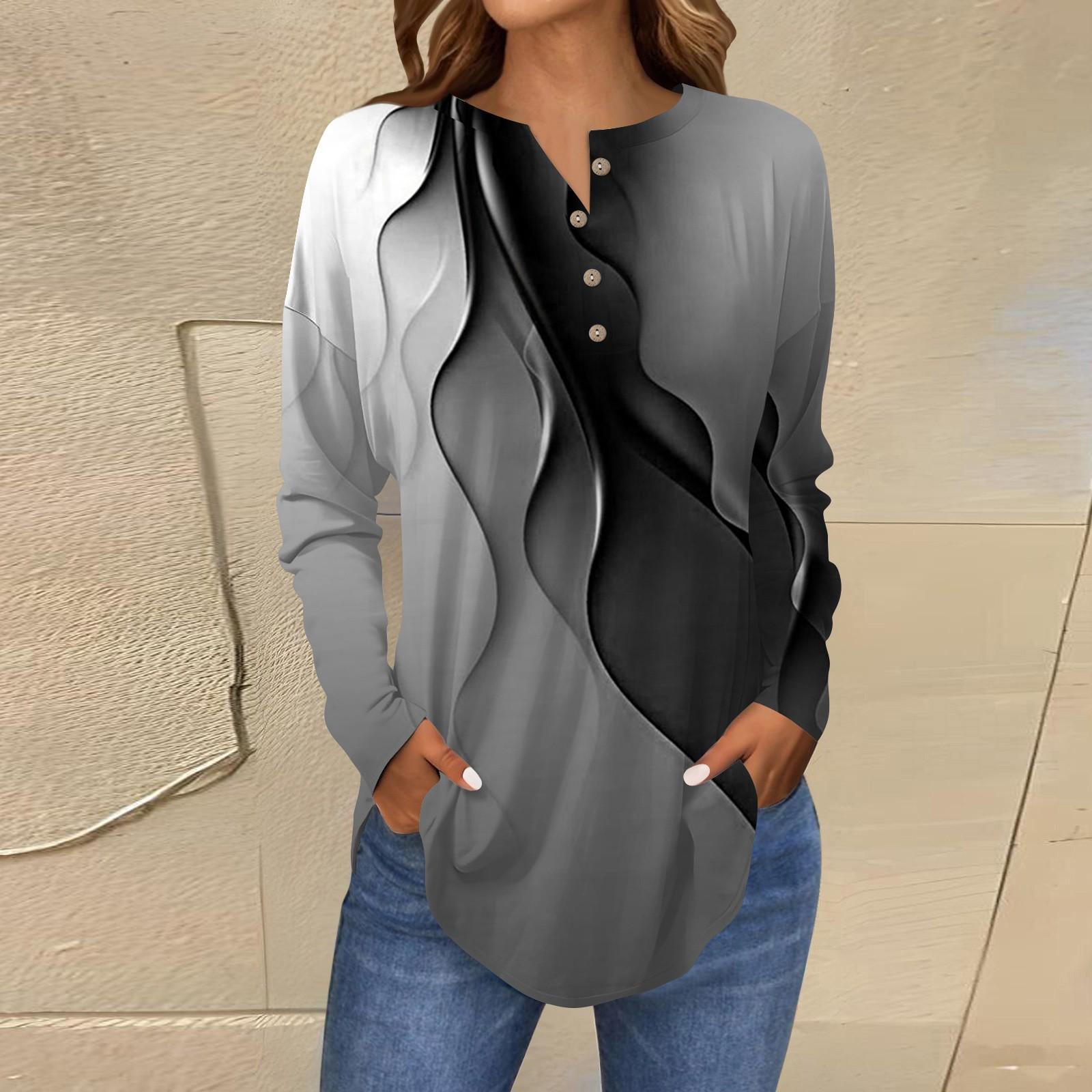 Women s Fashion Loose Button Collar Line Print Long Sleeve T-Shirt Tops Pullover L чёрный