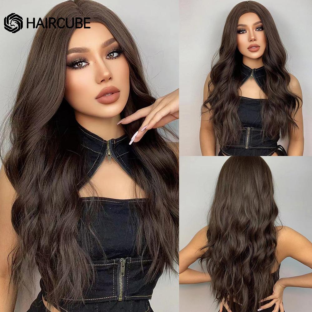HAIRCUBE White Platinum Mixed Brown Synthetic Wigs Long Wavy Natural Hair Wigs for Women Middle Part Daily Heat Resistant Wigs