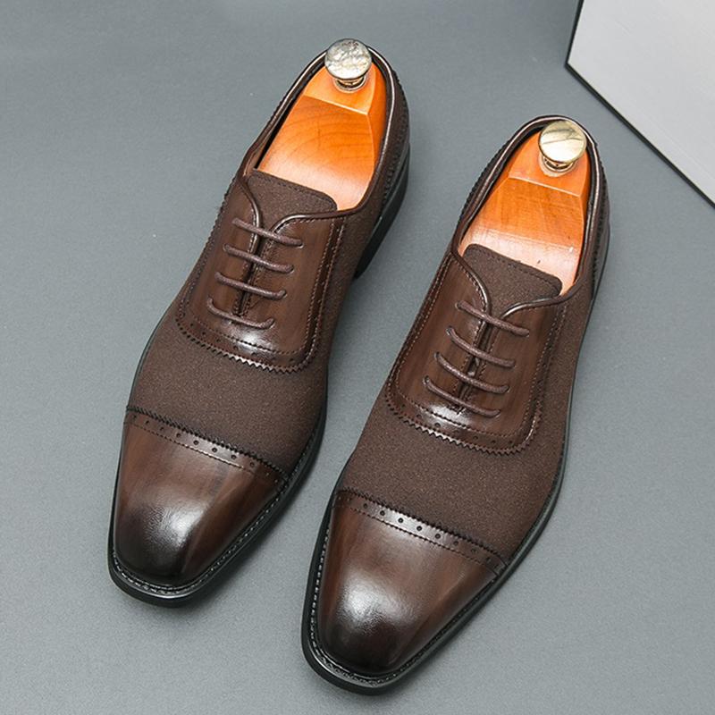 Fashion New Men's Pointed Lace Up Casual Dress Shoes Male Suede Mixed Patchwork Formal Wedding Prom Evening Homecoming Footwear