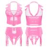 Women 2Pcs Lingerie Set Patent Leather Sexy Deep V Neck Vest with High Waist Underwear
