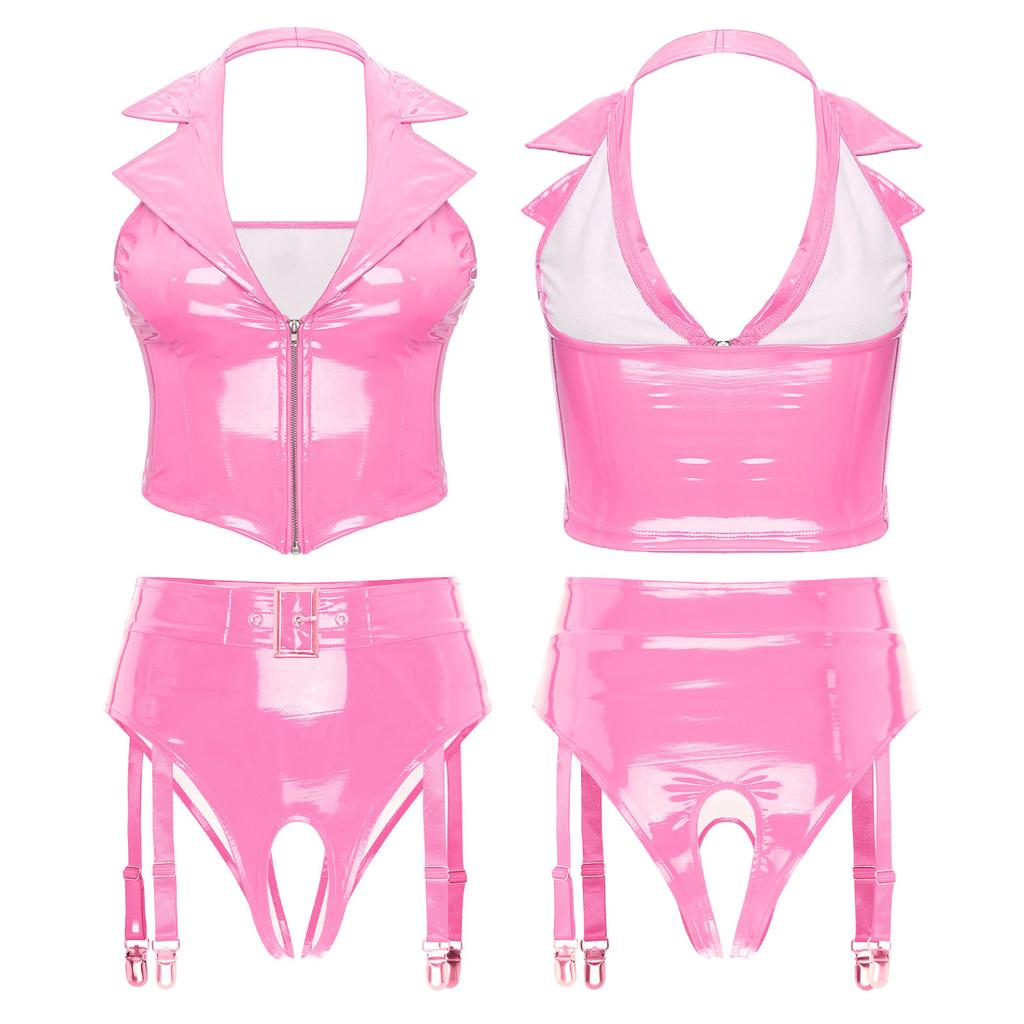 Women 2Pcs Lingerie Set Patent Leather Sexy Deep V Neck Vest with High Waist Underwear
