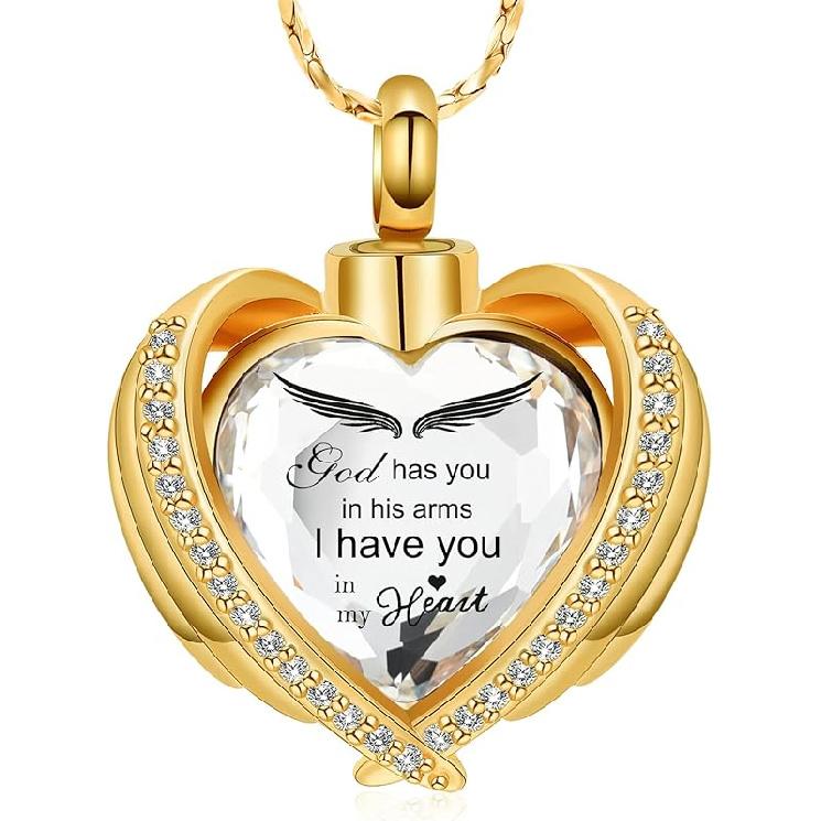 Imrsanl Angel Wing Heart Urn Pendant Necklaces for Women Girls Crystal Birthstone Cremation Jewelry Urns for Human Ashes Memorial Locket Keepsake