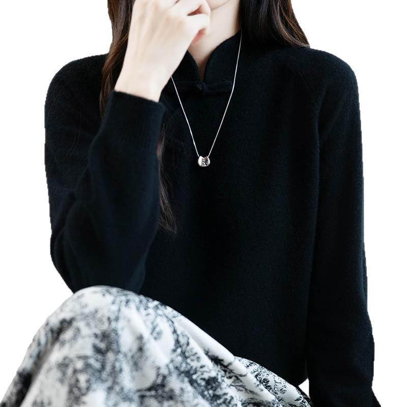 100% Australian Wool Retro Chinese Style Frog Button Sweater - Women's Thick Wool Base Layer for Autumn/Winter 2025.