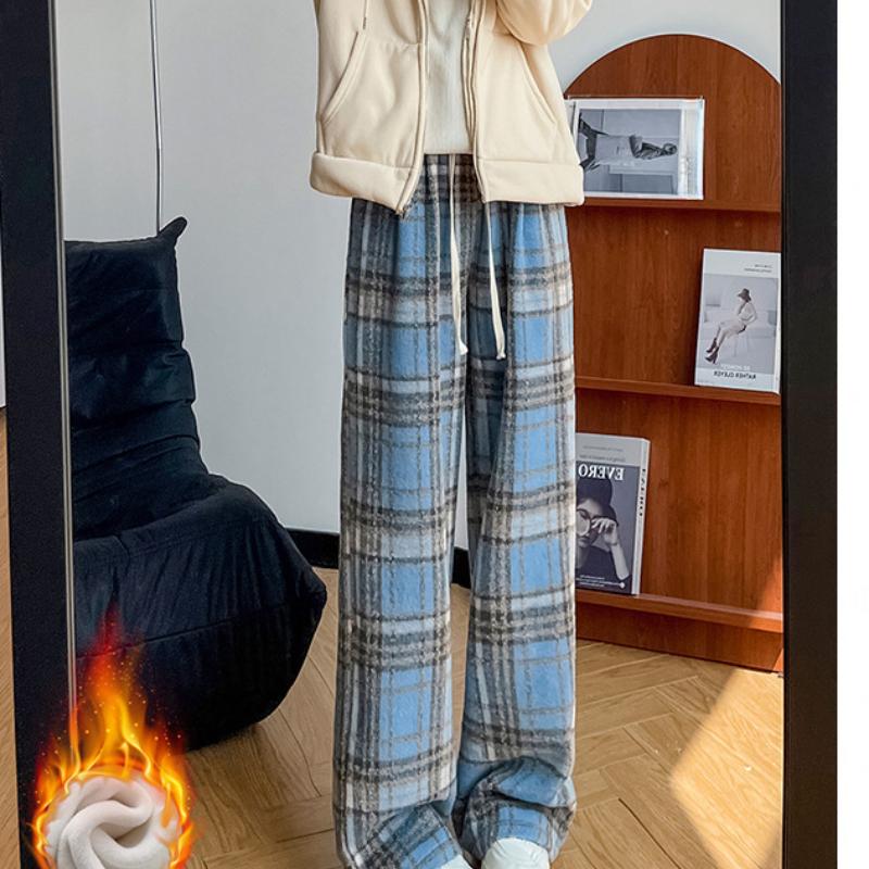 Retro Plaid Pants for Women In Spring and Autumn New High-waist Draped Straight-leg Pants Loose Casual Wide-leg Pants