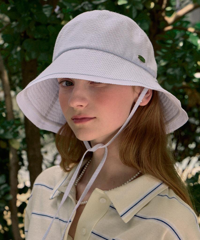 NONLOCAL Seersucker Stripe Ribbon Bucket Hat - Blue